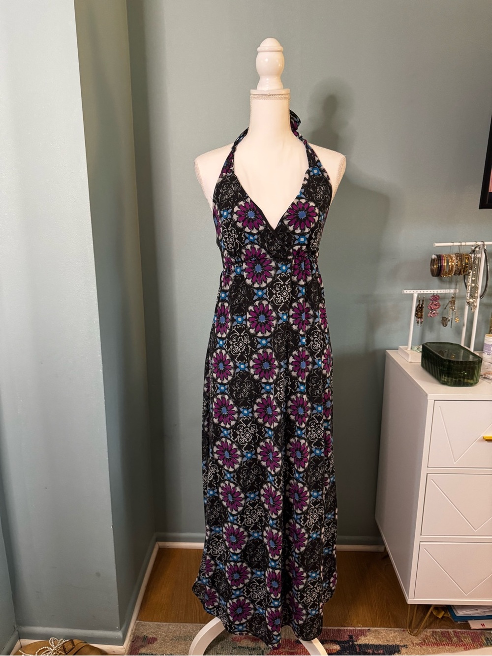 INC MACYS FLORAL ABSTRACT Maxi Halter Dress Black Pattern Small